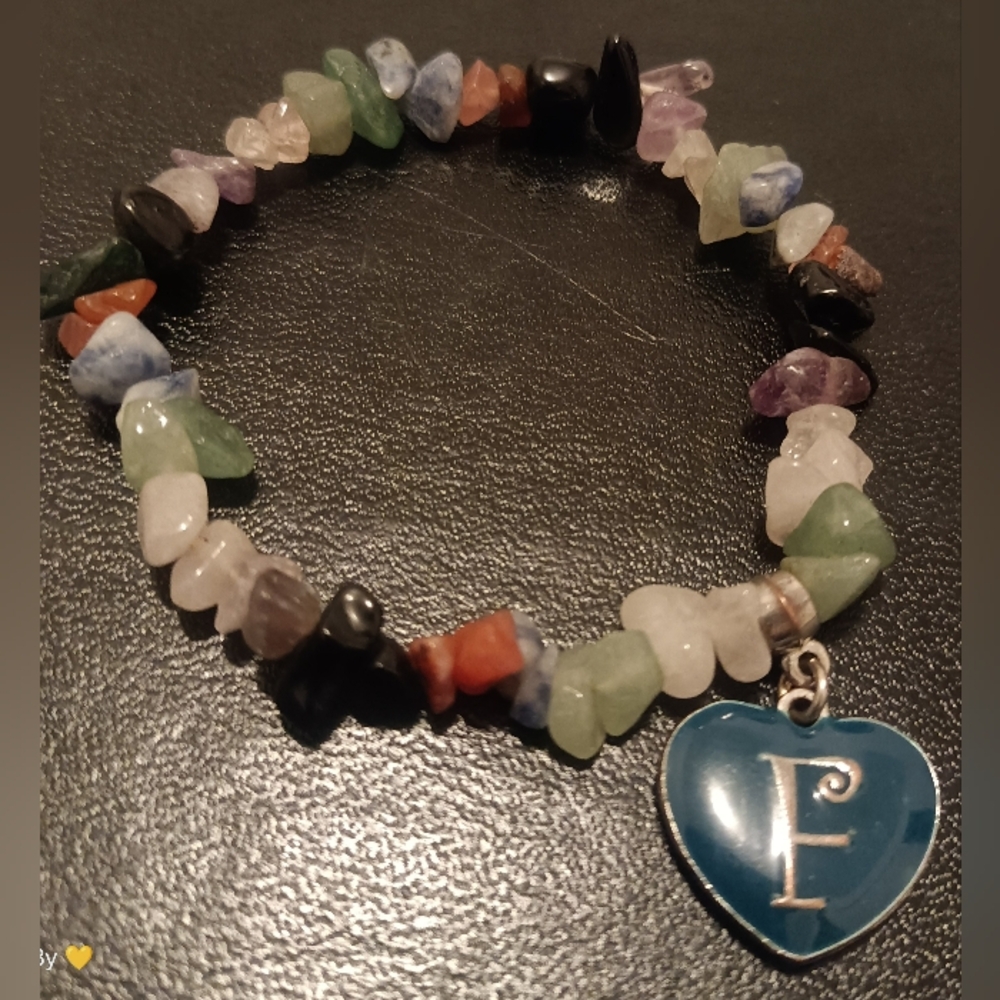 Multicolor Beaded Gemstone Stretch Bracelet with Blue Heart Initial Charm